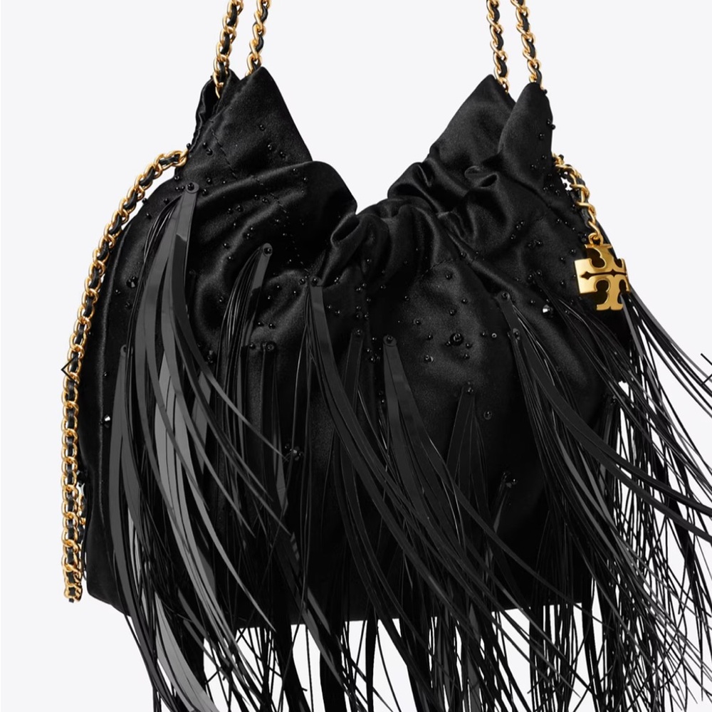 Elegant Black Fringe Shoulder Bag with Gold Chain